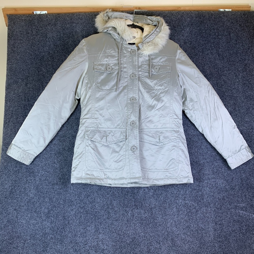 Gap Down Puffer Jacket Womens Small Silver Metallic Fur Lined Hooded Quilted